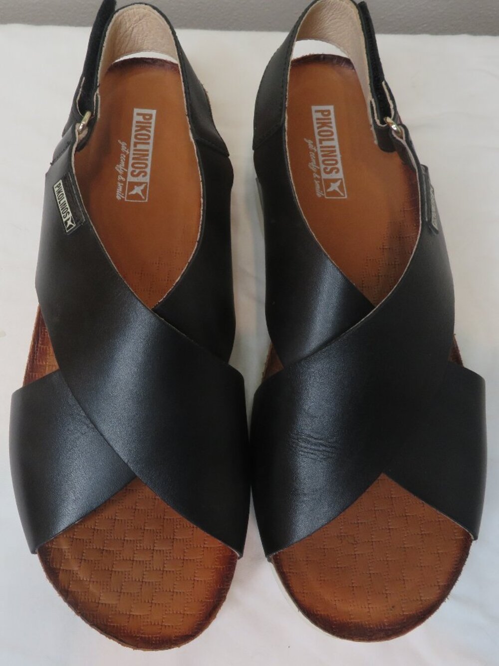 Pikolinos Mahon Black Leather Wedge Cross Straps Sandals Size 8
